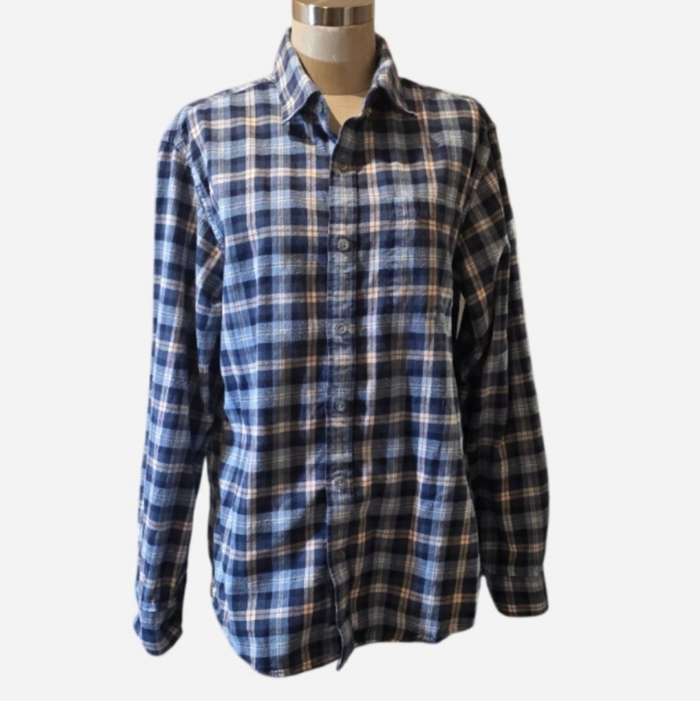 Eddie Bauer Men's Navy and White Plaid Flannel Button Down Shirt. Sz Med